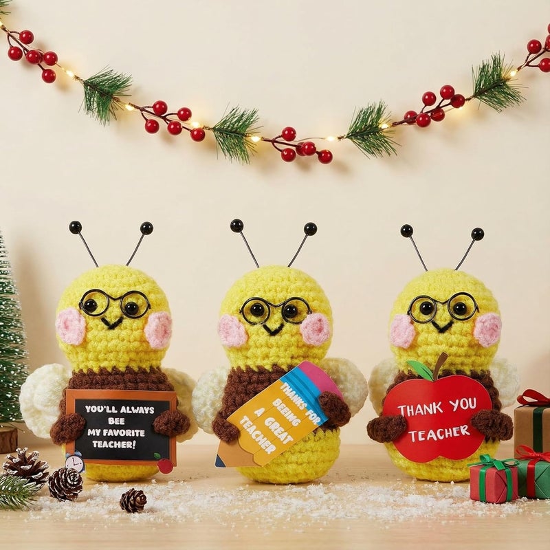 Henoyso 3 Pcs Thank You Teacher Appreciation Gifts, Bee Crochet with Card, Christmas Handmade Crochet for Women Mentor Math Science Dance English Xmas Birthday End of Year Gift Table Ornament - Image 1